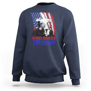 God Bless President Trump Sweatshirt Pennsylvania 2024 Raised Fist American Flag Cross TS02 Navy Print Your Wear