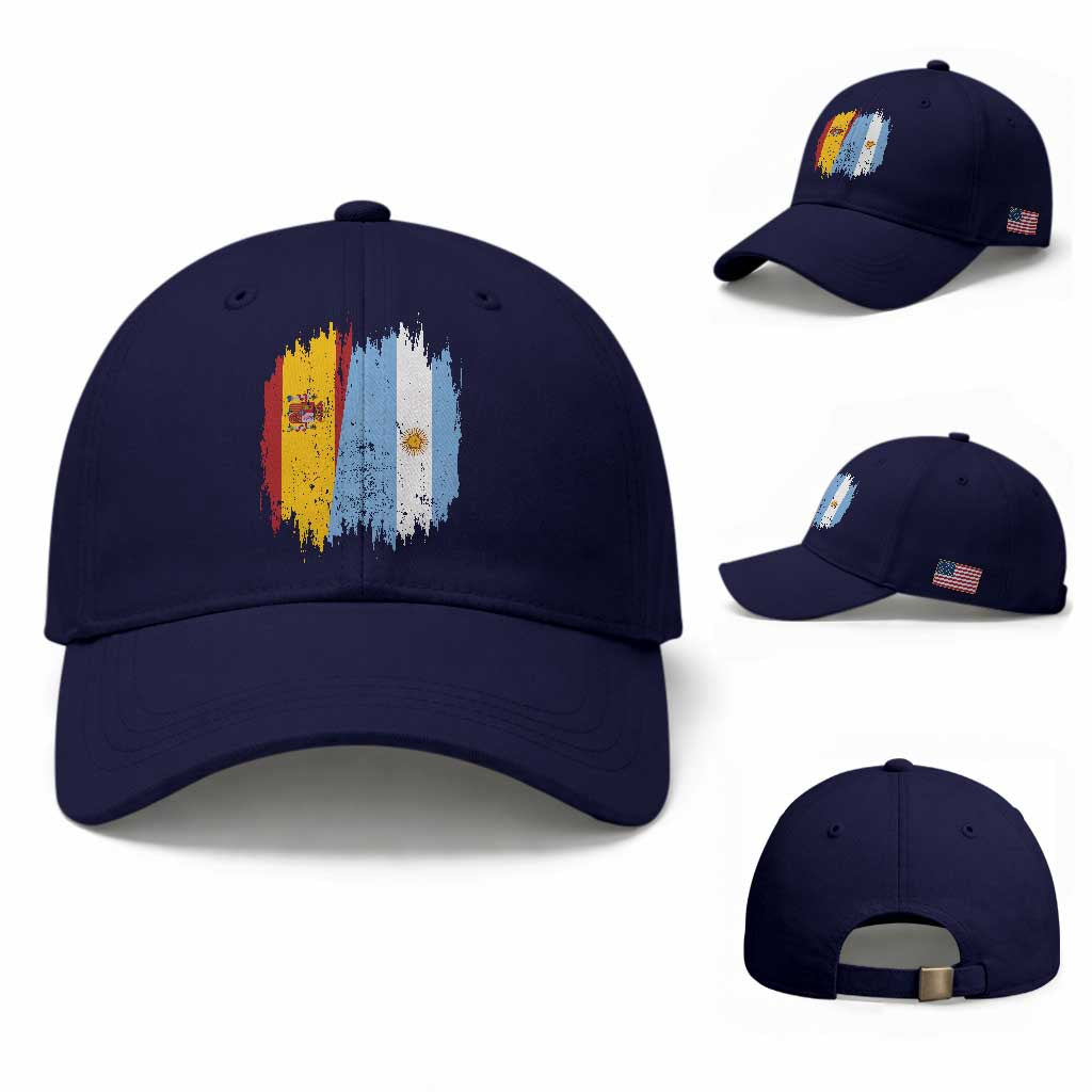 Argentina Spain Dual Heritage Flag Graphic Baseball Cap Vintage Spanish Argetine Match Day Pride TS02 Baseball Cap Universal Fit Dark Blue Print Your Wear