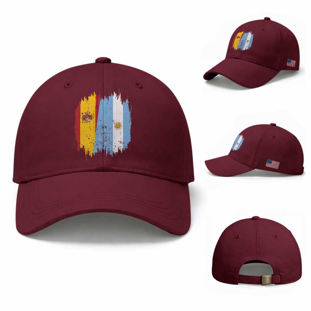 Argentina Spain Dual Heritage Flag Graphic Baseball Cap Vintage Spanish Argetine Match Day Pride TS02 Baseball Cap Universal Fit Maroon Print Your Wear