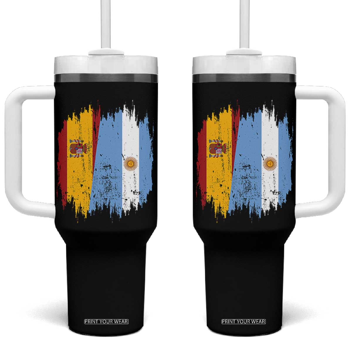 Argentina Spain Dual Heritage Flag Graphic Tumbler With Handle Vintage Spanish Argetine Match Day Pride TS02 One Size: 40 oz Black Print Your Wear