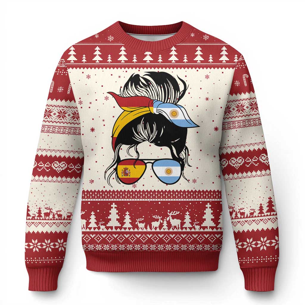 Argentina Spain Flag Messy Bun Girl Graphic Ugly Christmas Sweater Cool Latina Argentine Spanish Pride Match Day TS02 Beige Red Print Your Wear