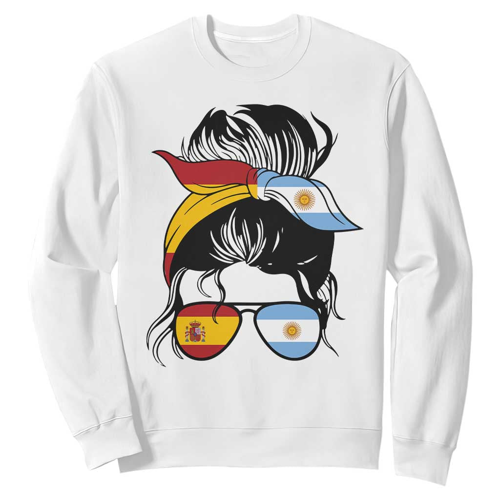Argentina Spain Flag Messy Bun Girl Graphic Sweatshirt Cool Latina Argentine Spanish Pride Match Day TS02 White Print Your Wear