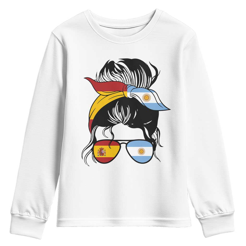 Argentina Spain Flag Messy Bun Girl Graphic Youth Sweatshirt Cool Latina Argentine Spanish Pride Match Day TS02 White Print Your Wear