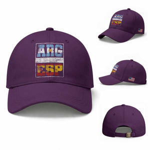 Retro ARG ESP Argentina Espana Flag Typography Graphic Baseball Cap Country Code Vintage Argentine Spanish Pride TS02 Baseball Cap Universal Fit Purple Print Your Wear