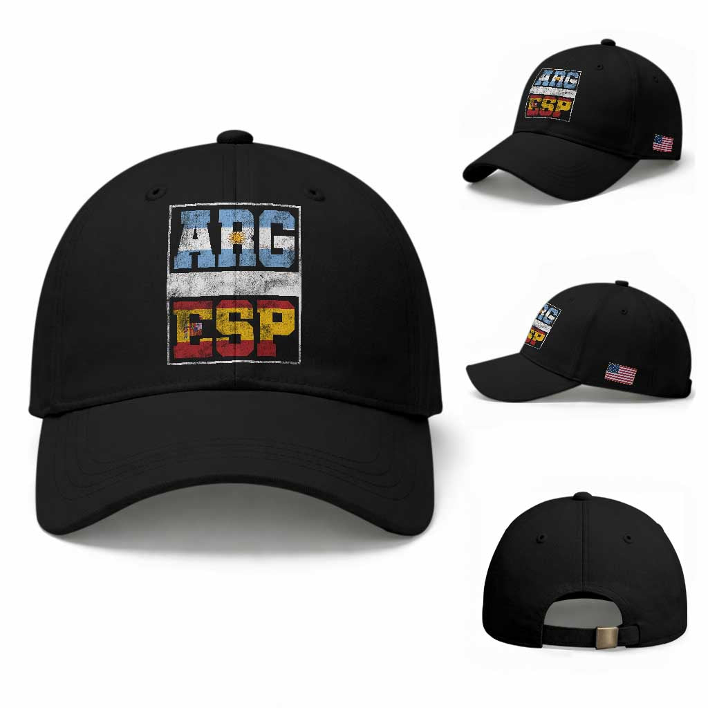 Retro ARG ESP Argentina Espana Flag Typography Graphic Baseball Cap Country Code Vintage Argentine Spanish Pride TS02 Baseball Cap Universal Fit Black Print Your Wear