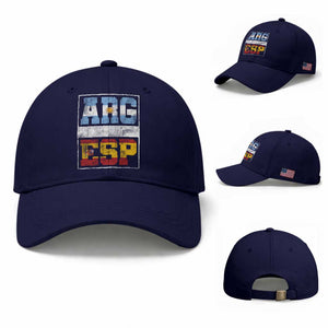 Retro ARG ESP Argentina Espana Flag Typography Graphic Baseball Cap Country Code Vintage Argentine Spanish Pride TS02 Baseball Cap Universal Fit Dark Blue Print Your Wear