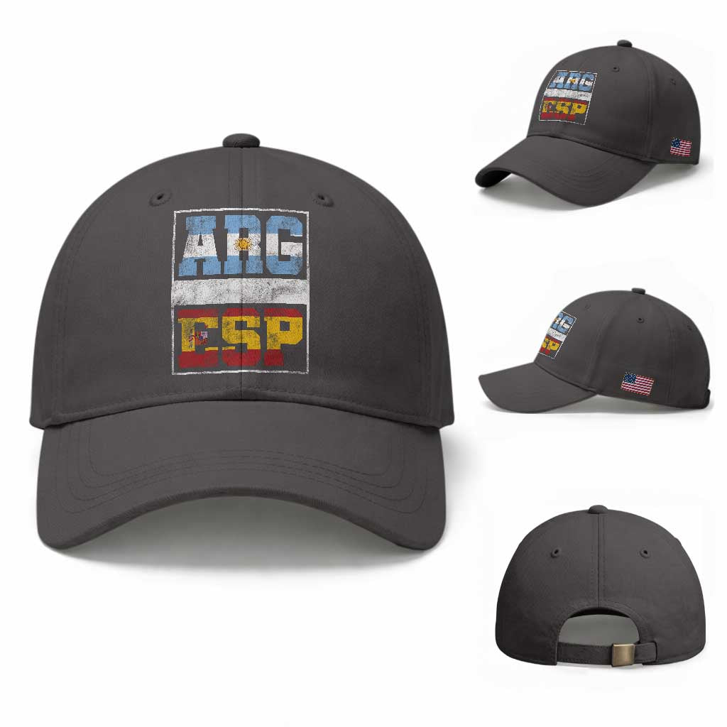 Retro ARG ESP Argentina Espana Flag Typography Graphic Baseball Cap Country Code Vintage Argentine Spanish Pride TS02 Baseball Cap Universal Fit Dark Gray Print Your Wear