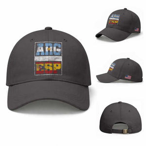 Retro ARG ESP Argentina Espana Flag Typography Graphic Baseball Cap Country Code Vintage Argentine Spanish Pride TS02 Baseball Cap Universal Fit Dark Gray Print Your Wear