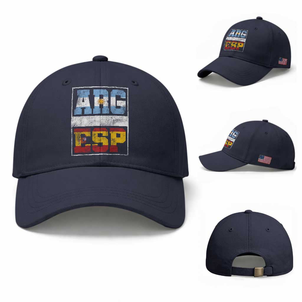 Retro ARG ESP Argentina Espana Flag Typography Graphic Baseball Cap Country Code Vintage Argentine Spanish Pride TS02 Baseball Cap Universal Fit Navy Print Your Wear