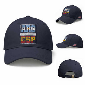 Retro ARG ESP Argentina Espana Flag Typography Graphic Baseball Cap Country Code Vintage Argentine Spanish Pride TS02 Baseball Cap Universal Fit Navy Print Your Wear