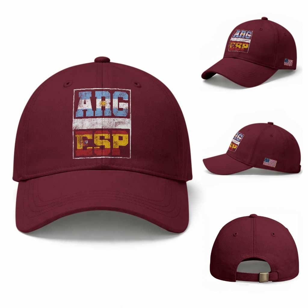Retro ARG ESP Argentina Espana Flag Typography Graphic Baseball Cap Country Code Vintage Argentine Spanish Pride TS02 Baseball Cap Universal Fit Maroon Print Your Wear