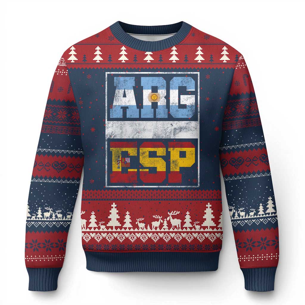 Retro ARG ESP Argentina Espana Flag Typography Graphic Ugly Christmas Sweater Country Code Vintage Argentine Spanish Pride TS02 Navy Red Print Your Wear