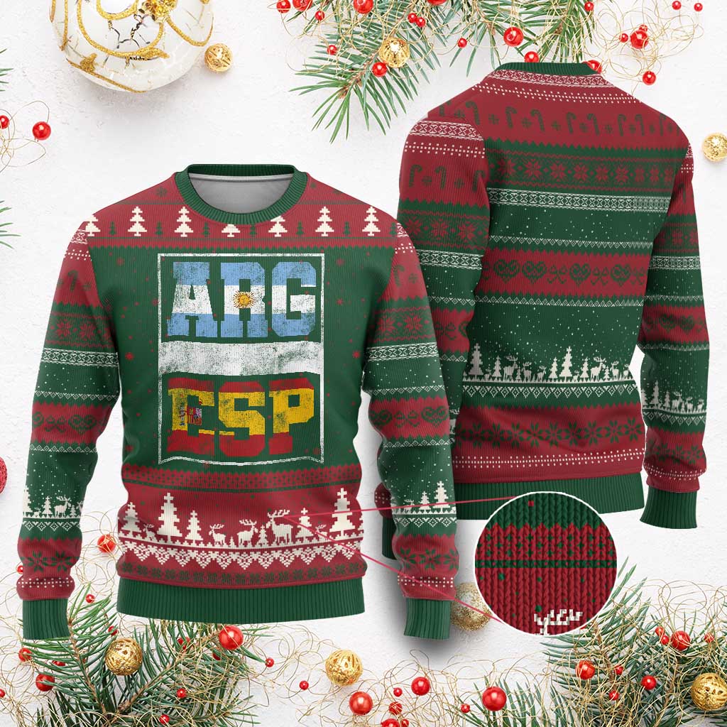 Retro ARG ESP Argentina Espana Flag Typography Graphic Ugly Christmas Sweater Country Code Vintage Argentine Spanish Pride TS02 Red Green Print Your Wear