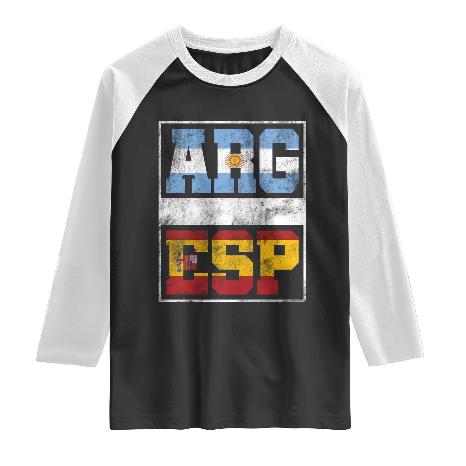 Retro ARG ESP Argentina Espana Flag Typography Graphic Raglan Shirt Country Code Vintage Argentine Spanish Pride TS02 Black White Print Your Wear