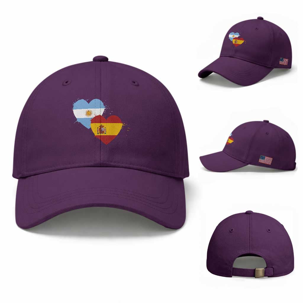 Argentina Spain Flag Two Hearts Graphic Baseball Cap Dual Argentine Spanish Heritage Love Pride TS02 Baseball Cap Universal Fit Purple Print Your Wear