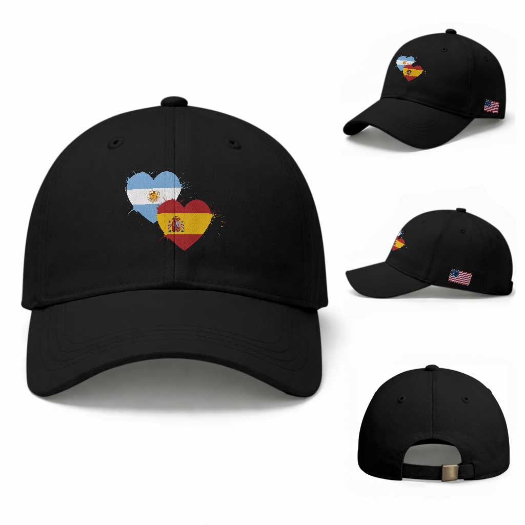 Argentina Spain Flag Two Hearts Graphic Baseball Cap Dual Argentine Spanish Heritage Love Pride TS02 Baseball Cap Universal Fit Black Print Your Wear
