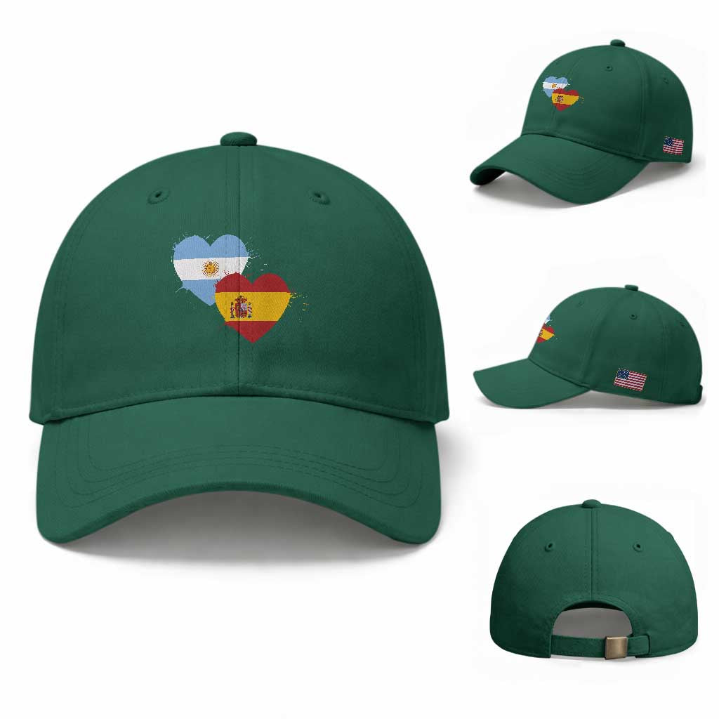 Argentina Spain Flag Two Hearts Graphic Baseball Cap Dual Argentine Spanish Heritage Love Pride TS02 Baseball Cap Universal Fit Irish Green Print Your Wear