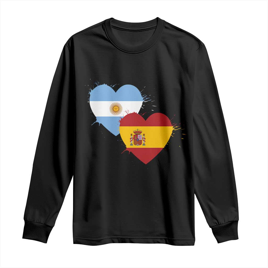 Argentina Spain Flag Two Hearts Graphic Long Sleeve Shirt Dual Argentine Spanish Heritage Love Pride TS02 Black Print Your Wear