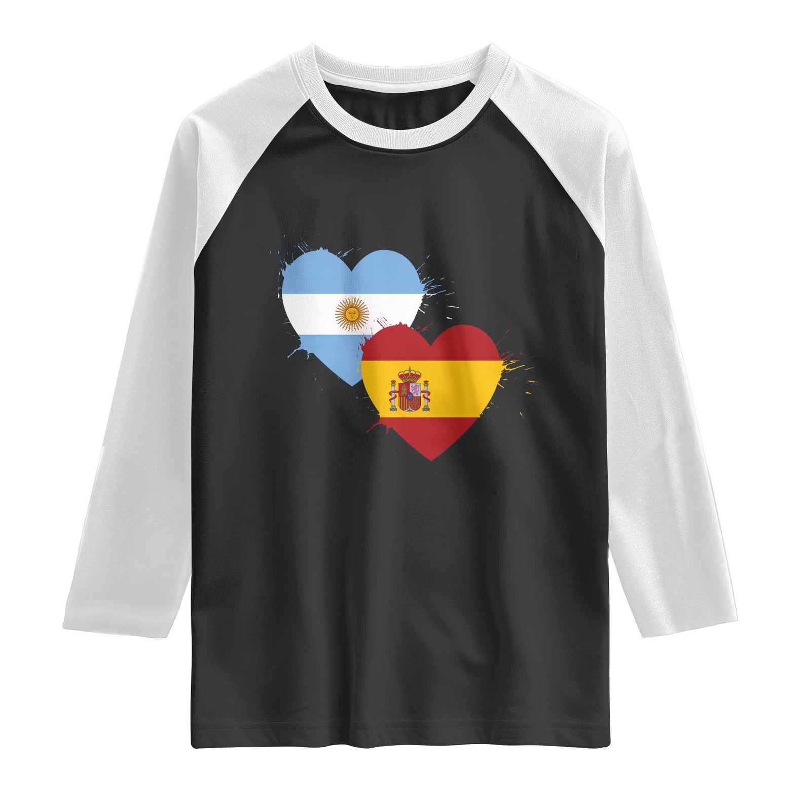 Argentina Spain Flag Two Hearts Graphic Raglan Shirt Dual Argentine Spanish Heritage Love Pride TS02 Black White Print Your Wear