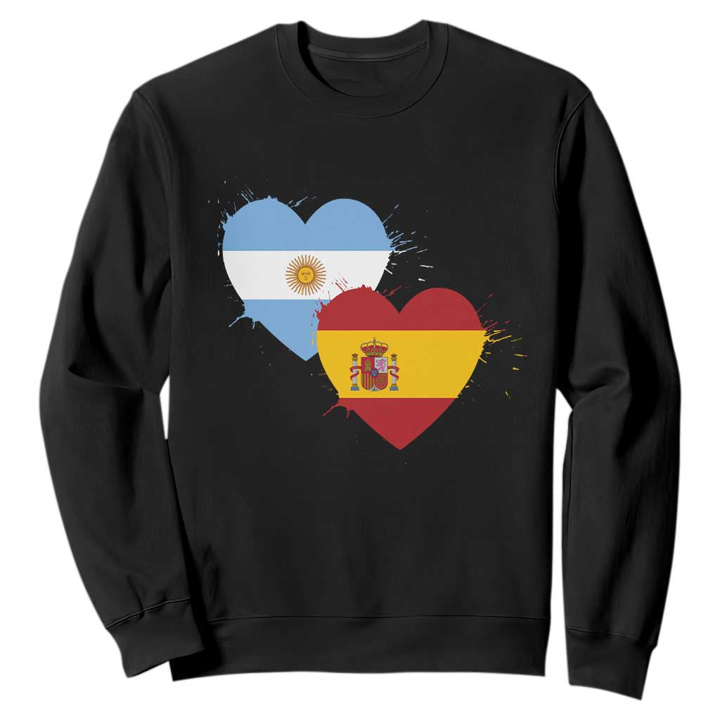 Argentina Spain Flag Two Hearts Graphic Sweatshirt Dual Argentine Spanish Heritage Love Pride TS02 Black Print Your Wear