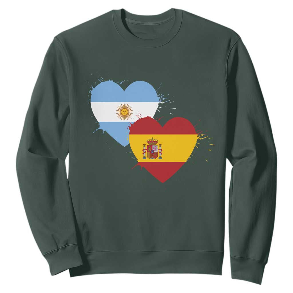 Argentina Spain Flag Two Hearts Graphic Sweatshirt Dual Argentine Spanish Heritage Love Pride TS02 Dark Forest Green Print Your Wear