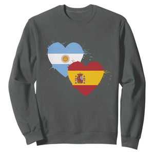 Argentina Spain Flag Two Hearts Graphic Sweatshirt Dual Argentine Spanish Heritage Love Pride TS02 Dark Heather Print Your Wear