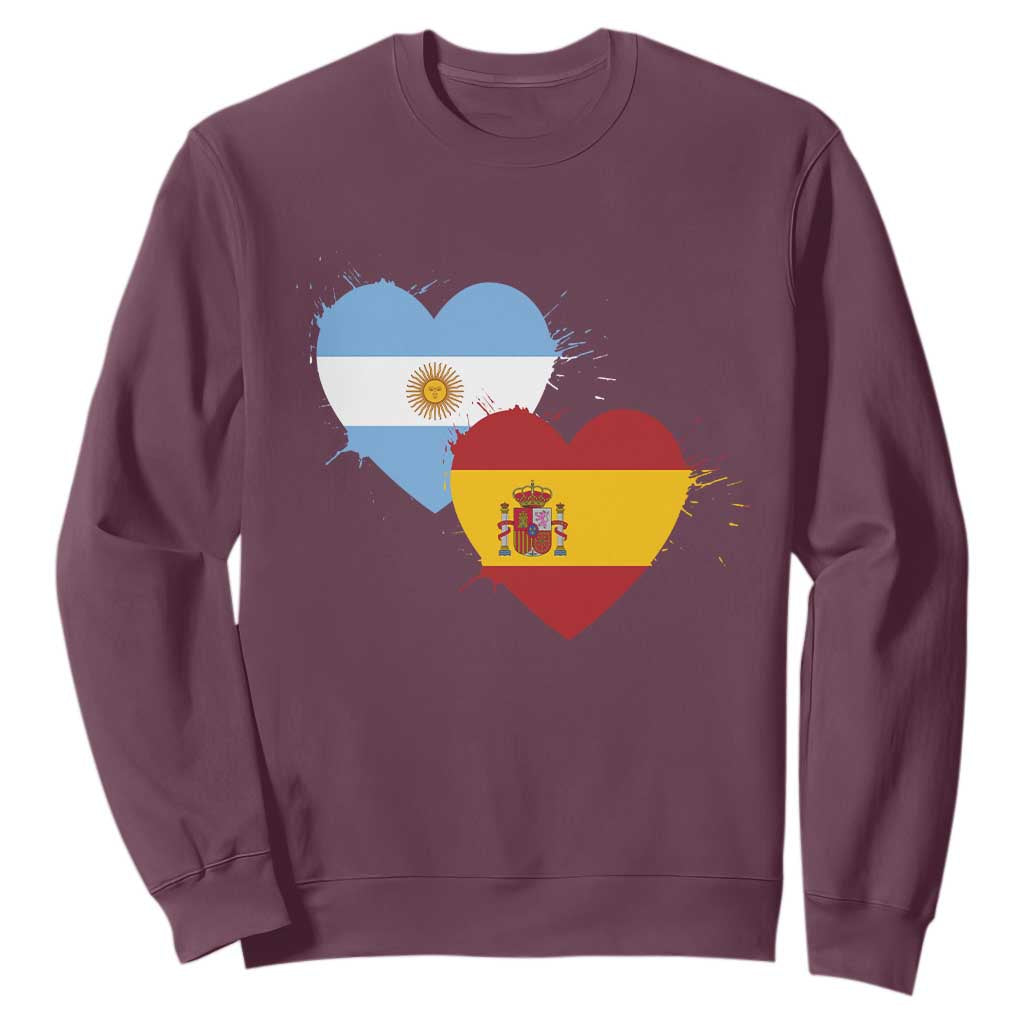 Argentina Spain Flag Two Hearts Graphic Sweatshirt Dual Argentine Spanish Heritage Love Pride TS02 Maroon Print Your Wear