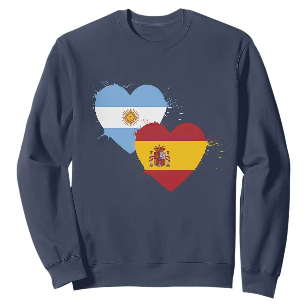 Argentina Spain Flag Two Hearts Graphic Sweatshirt Dual Argentine Spanish Heritage Love Pride TS02 Navy Print Your Wear