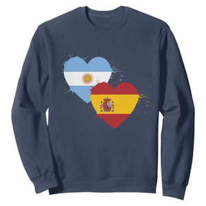 Argentina Spain Flag Two Hearts Graphic Sweatshirt Dual Argentine Spanish Heritage Love Pride TS02 Navy Print Your Wear