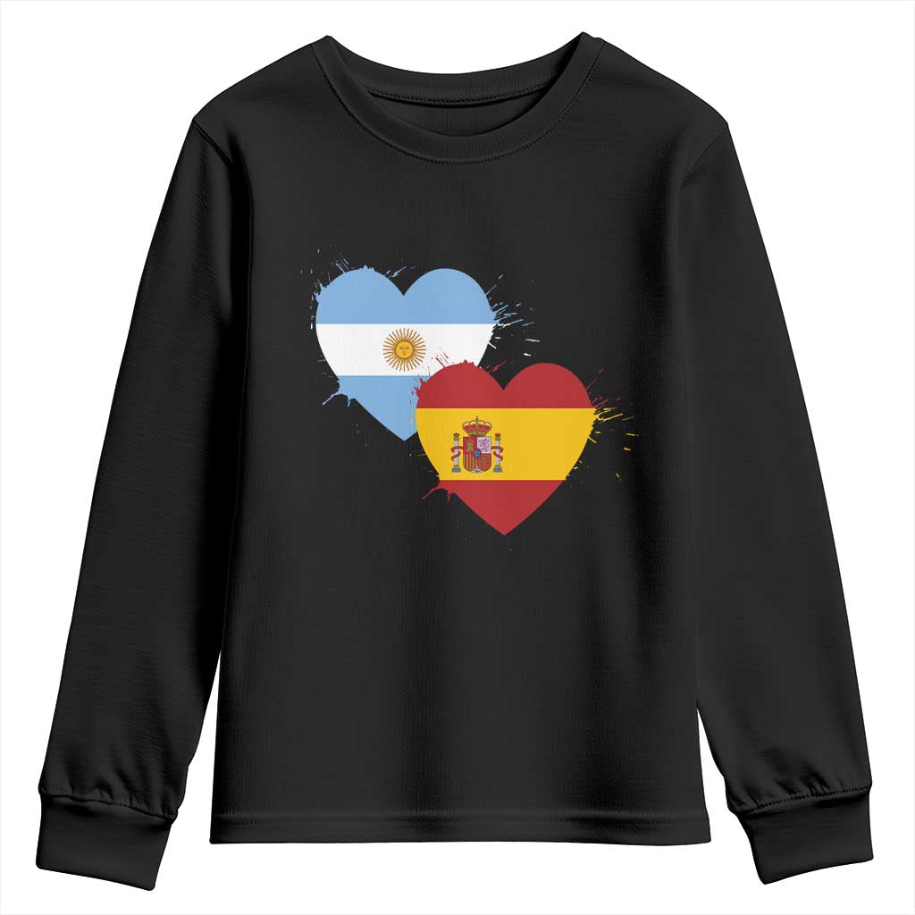 Argentina Spain Flag Two Hearts Graphic Youth Sweatshirt Dual Argentine Spanish Heritage Love Pride TS02 Black Print Your Wear