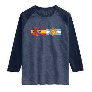 Spain Argentina Dual Flag Graphic Raglan Shirt Mixed Roots Spanish Argentine Heritage Pride Match Day TS02 Heather Denim Navy Print Your Wear