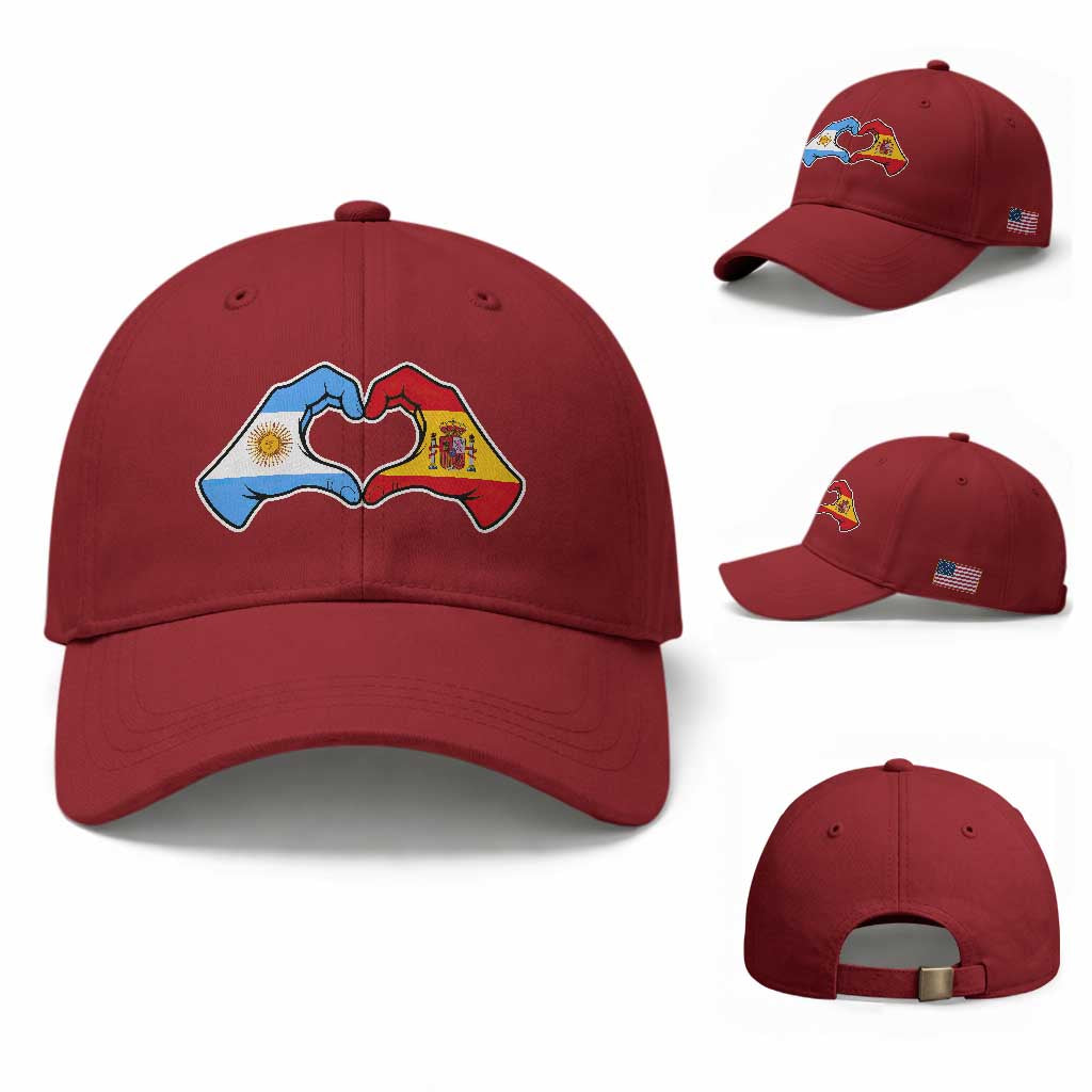 Argentina Spain Flag Heart Hands Graphic Baseball Cap Argentine Spanish Mixed Roots Pride Dual Heritage Match Day TS02 Baseball Cap Universal Fit Cherry Red Print Your Wear
