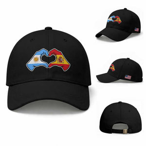 Argentina Spain Flag Heart Hands Graphic Baseball Cap Argentine Spanish Mixed Roots Pride Dual Heritage Match Day TS02 Baseball Cap Universal Fit Black Print Your Wear