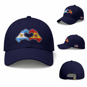 Argentina Spain Flag Heart Hands Graphic Baseball Cap Argentine Spanish Mixed Roots Pride Dual Heritage Match Day TS02 Baseball Cap Universal Fit Dark Blue Print Your Wear