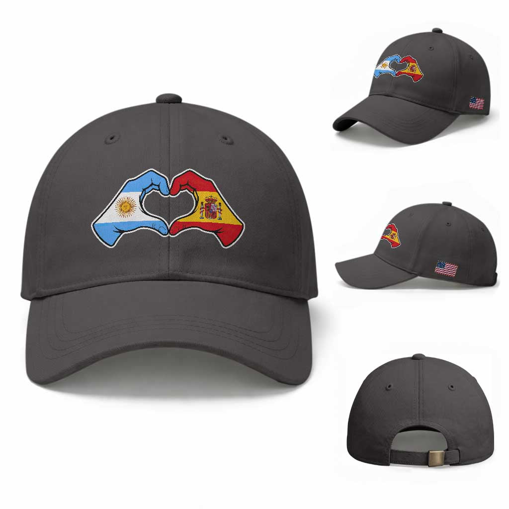 Argentina Spain Flag Heart Hands Graphic Baseball Cap Argentine Spanish Mixed Roots Pride Dual Heritage Match Day TS02 Baseball Cap Universal Fit Dark Gray Print Your Wear