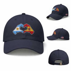 Argentina Spain Flag Heart Hands Graphic Baseball Cap Argentine Spanish Mixed Roots Pride Dual Heritage Match Day TS02 Baseball Cap Universal Fit Navy Print Your Wear