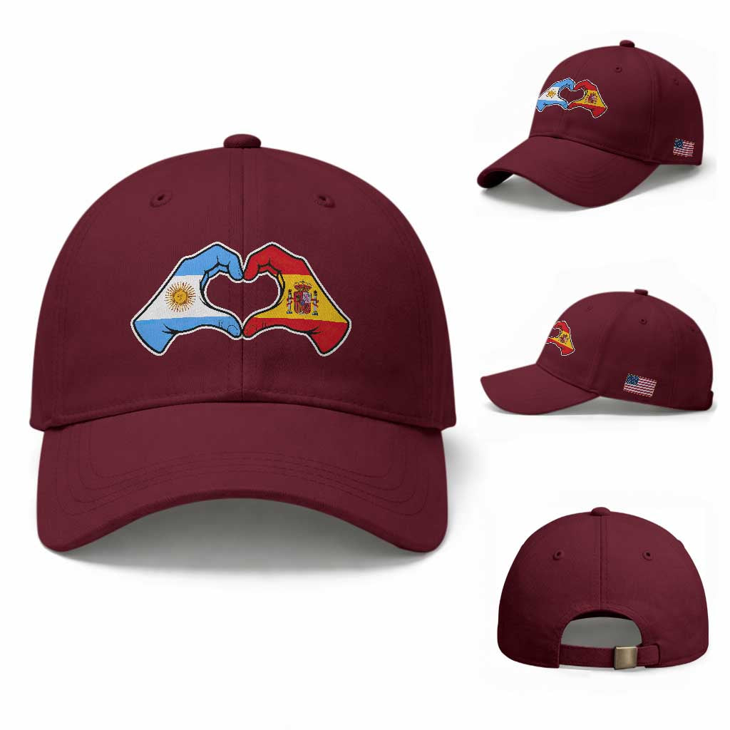 Argentina Spain Flag Heart Hands Graphic Baseball Cap Argentine Spanish Mixed Roots Pride Dual Heritage Match Day TS02 Baseball Cap Universal Fit Maroon Print Your Wear