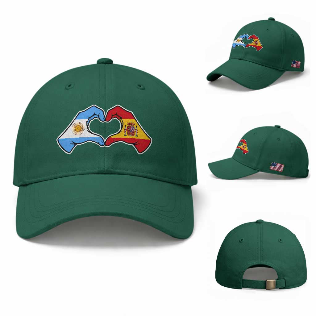 Argentina Spain Flag Heart Hands Graphic Baseball Cap Argentine Spanish Mixed Roots Pride Dual Heritage Match Day TS02 Baseball Cap Universal Fit Irish Green Print Your Wear