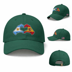 Argentina Spain Flag Heart Hands Graphic Baseball Cap Argentine Spanish Mixed Roots Pride Dual Heritage Match Day TS02 Baseball Cap Universal Fit Irish Green Print Your Wear