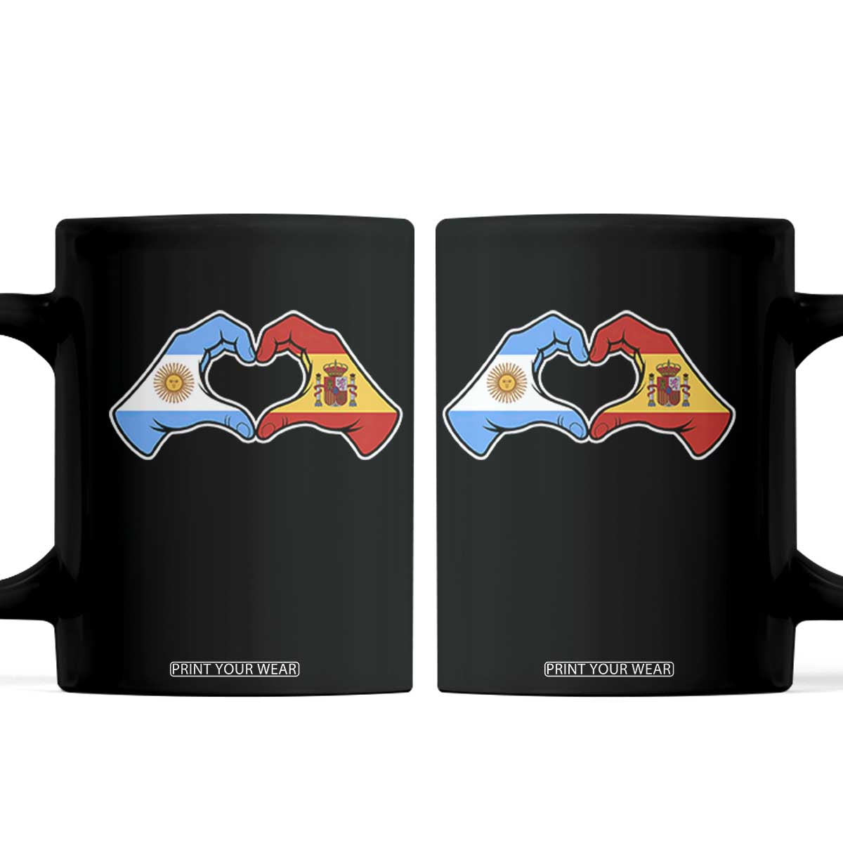 Argentina Spain Flag Heart Hands Graphic Coffee Mug Argentine Spanish Mixed Roots Pride Dual Heritage Match Day TS02 Black Print Your Wear