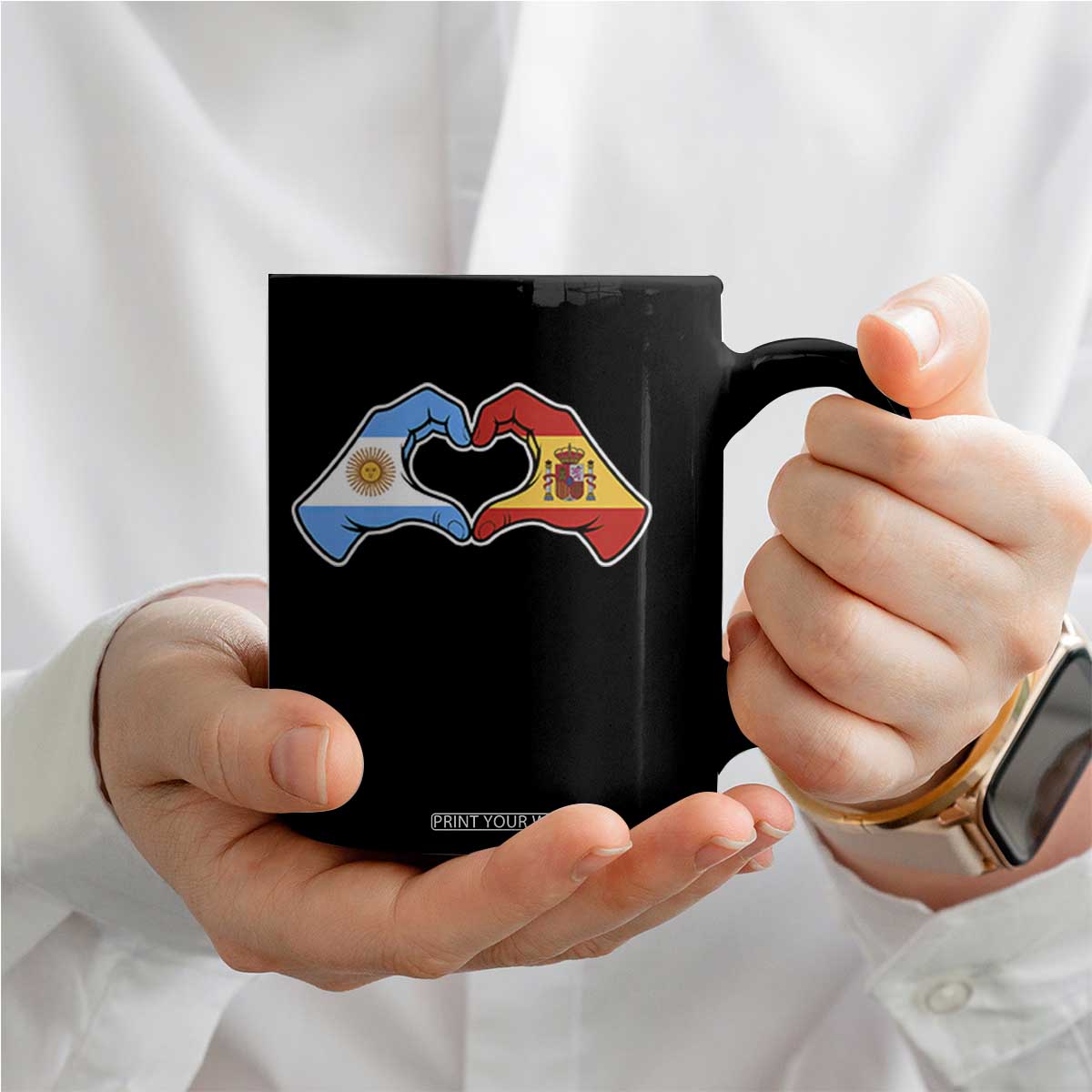 Argentina Spain Flag Heart Hands Graphic Coffee Mug Argentine Spanish Mixed Roots Pride Dual Heritage Match Day TS02 Print Your Wear