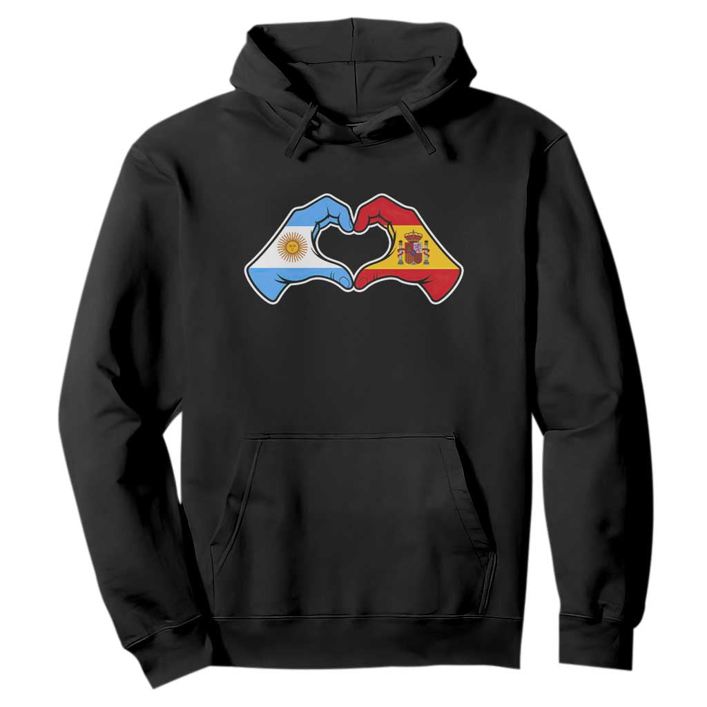 Argentina Spain Flag Heart Hands Graphic Hoodie Argentine Spanish Mixed Roots Pride Dual Heritage Match Day TS02 Black Print Your Wear