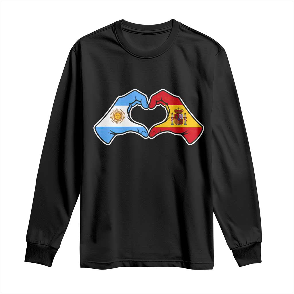 Argentina Spain Flag Heart Hands Graphic Long Sleeve Shirt Argentine Spanish Mixed Roots Pride Dual Heritage Match Day TS02 Black Print Your Wear