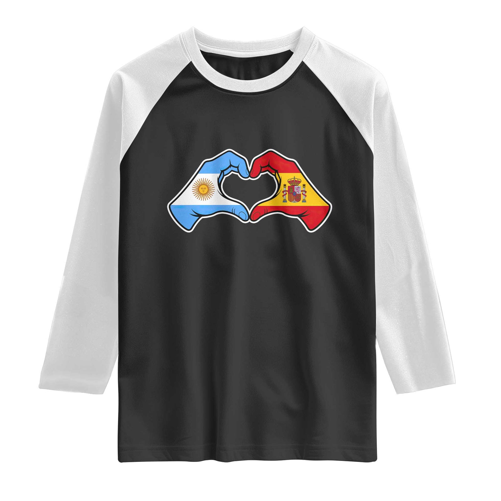 Argentina Spain Flag Heart Hands Graphic Raglan Shirt Argentine Spanish Mixed Roots Pride Dual Heritage Match Day TS02 Black White Print Your Wear