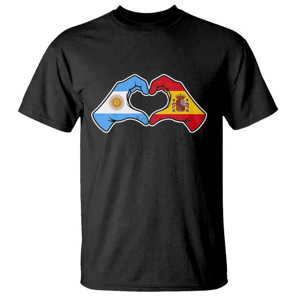 Argentina Spain Flag Heart Hands Graphic T Shirt Argentine Spanish Mixed Roots Pride Dual Heritage Match Day TS02 Black Print Your Wear