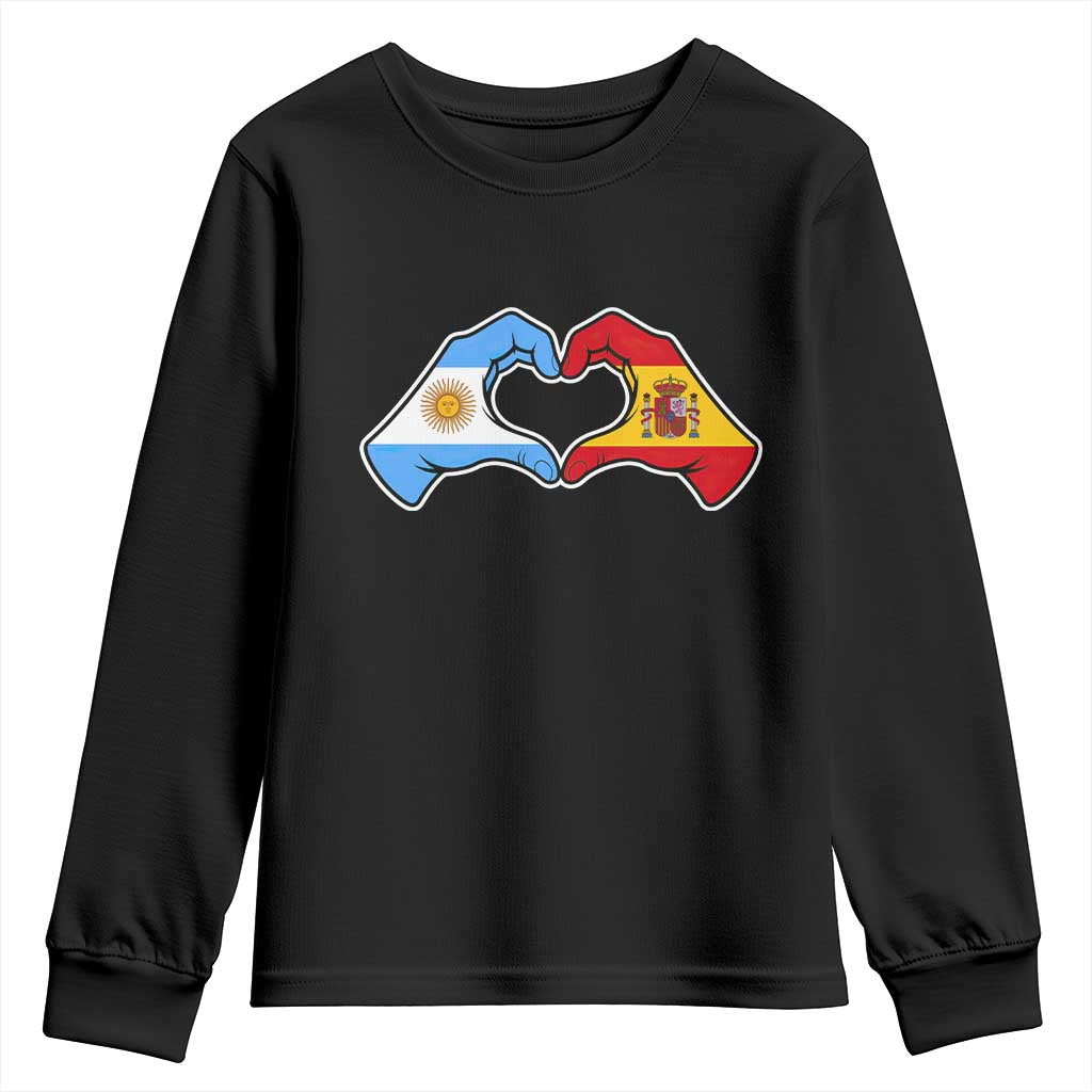 Argentina Spain Flag Heart Hands Graphic Youth Sweatshirt Argentine Spanish Mixed Roots Pride Dual Heritage Match Day TS02 Black Print Your Wear