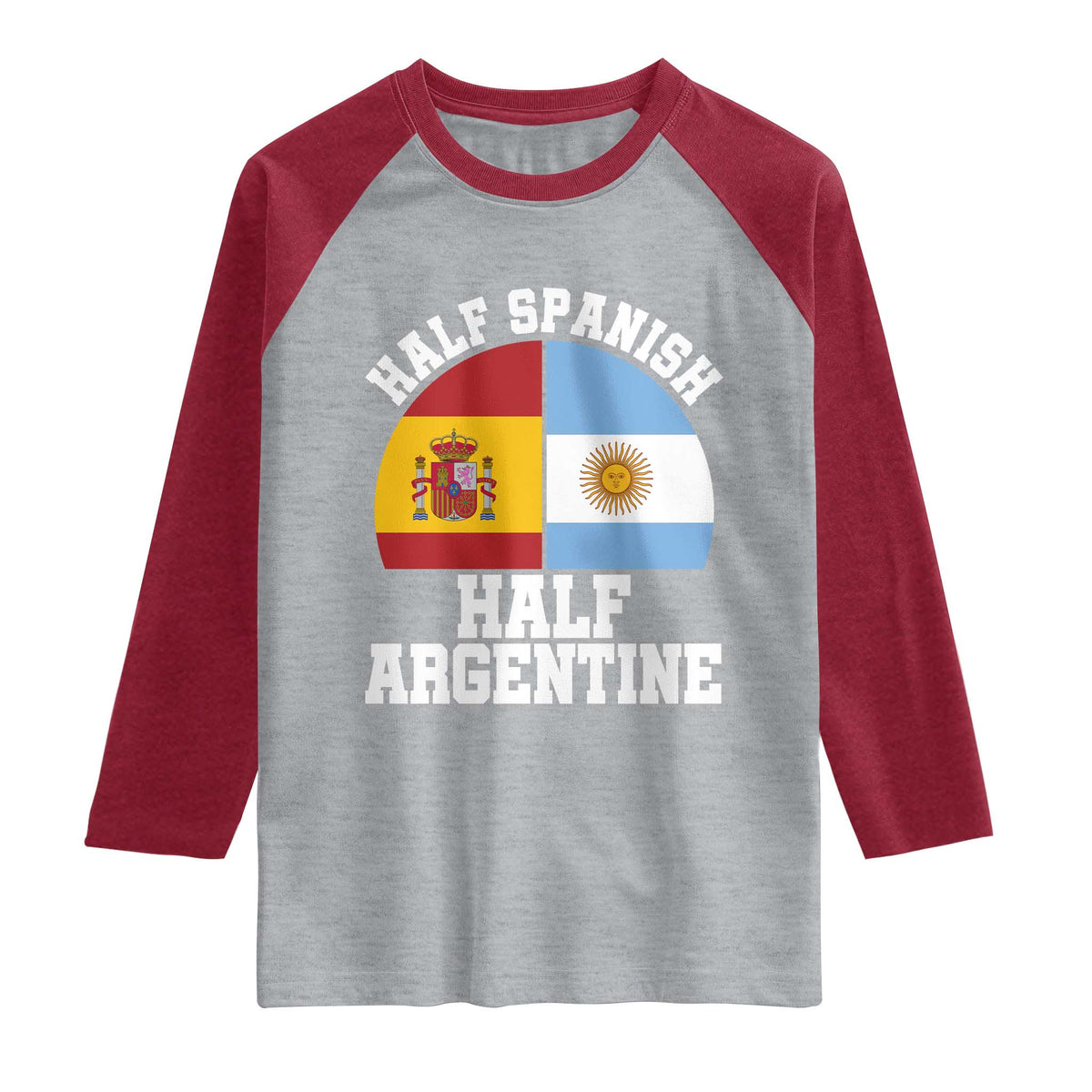 Half Spanish Half Argentine Flag Graphic Raglan Shirt Proud Spain Argentina Dual Heritage Pride TS02 Heather Gray Heather Red Print Your Wear