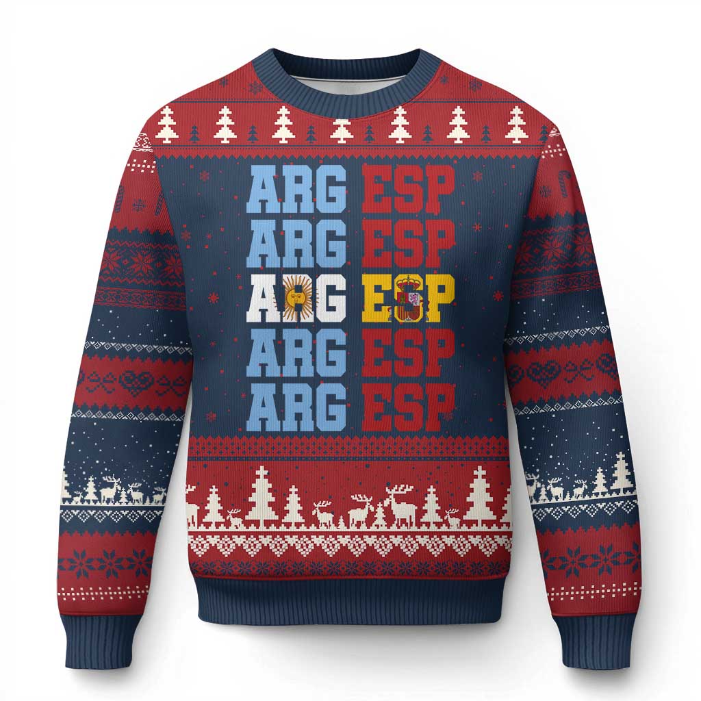 Retro ARG ESP Argentina Espana Flag Typography Graphic Ugly Christmas Sweater Country Code Dual Argentine Spanish Heritage Pride TS02 Navy Red Print Your Wear