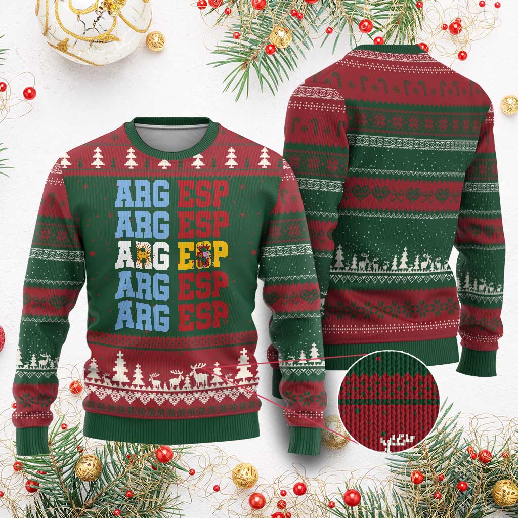 Retro ARG ESP Argentina Espana Flag Typography Graphic Ugly Christmas Sweater Country Code Dual Argentine Spanish Heritage Pride TS02 Red Green Print Your Wear