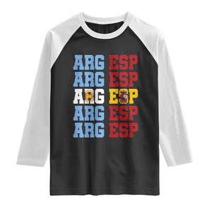 Retro ARG ESP Argentina Espana Flag Typography Graphic Raglan Shirt Country Code Dual Argentine Spanish Heritage Pride TS02 Black White Print Your Wear